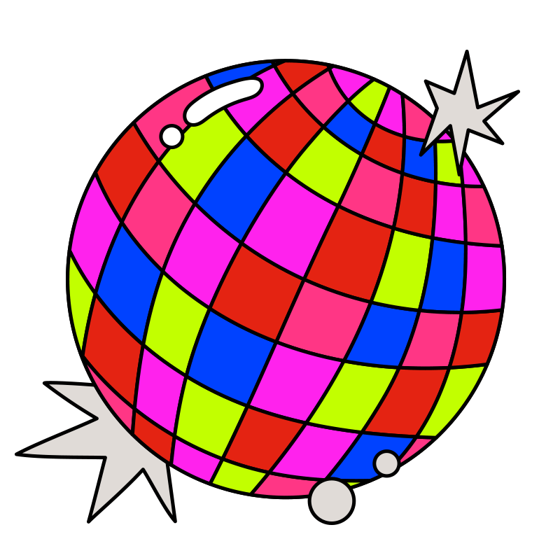 Colorful disco ball with pink, red, yellow, blue, and purple tiles, featuring stars and circles around it.