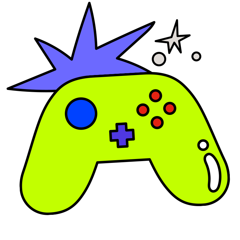 Colorful illustration of a video game controller with a green body, blue thumbstick, purple directional pad, red buttons, and blue and gray accents, with a blue starburst shape and small stars in the background.
