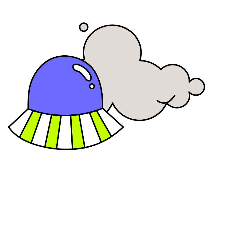 A cartoon-style illustration of a spaceship with a blue dome-shaped top, a yellow and white striped bottom, and a gray cloud of smoke or exhaust coming out of its side.