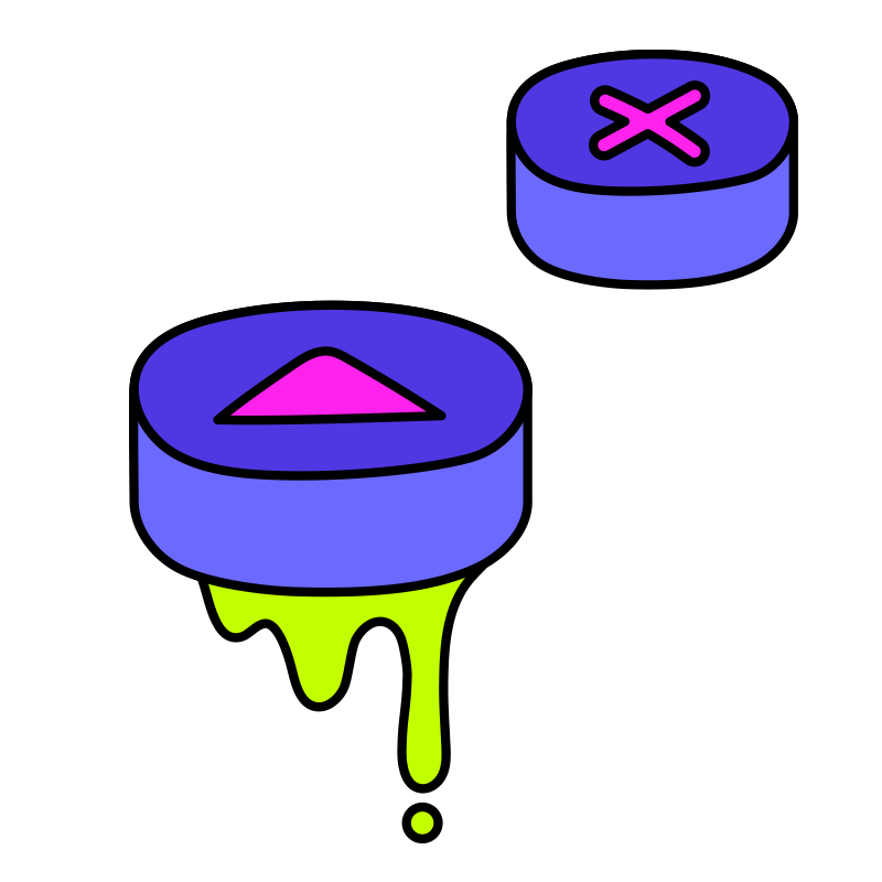 Colorful illustration of two pills, one with a pink triangular symbol, and the other with a pink 'X', with green liquid dripping from the larger pill.