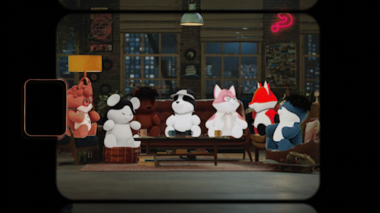 Six cartoon animal characters sitting on a couch in a cozy, dimly lit room with large windows and cityscape view, having drinks and engaging in conversation.