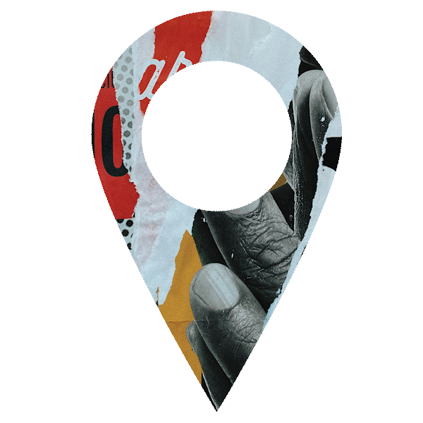 Stylized map pin icon with a collage of a hand and barcode textures inside.