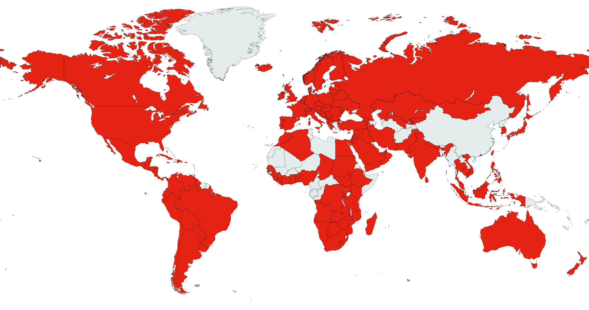 World map showing countries in red and gray, indicating different statuses for a specific topic.