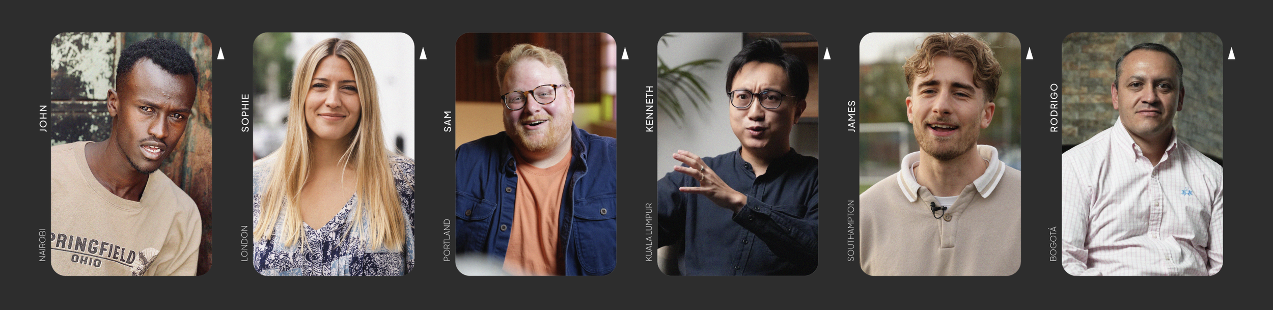 A collage of six diverse people, each with a location label: Nairobi, London, Portland, Kuala Lumpur, Southampton, Bogotá.
