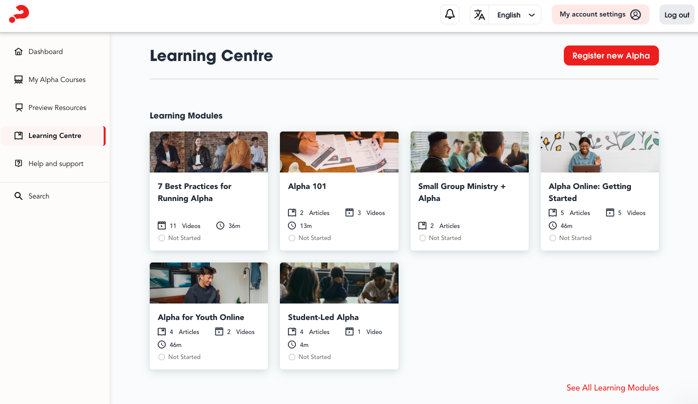 Screenshot of a learning management system dashboard showing the Learning Centre page with various learning modules such as '7 Best Practices for Running Alpha,' 'Alpha 101,' 'Small Group Ministry + Alpha,' 'Alpha Online: Getting Started,' 'Alpha for Youth Online,' and 'Student-Led Alpha.' The left sidebar includes options for Dashboard, My Alpha Courses, Preview Resources, Learning Centre, Help and support, and Search. The top right has account settings, language selection, a notification bell, and a log out button.