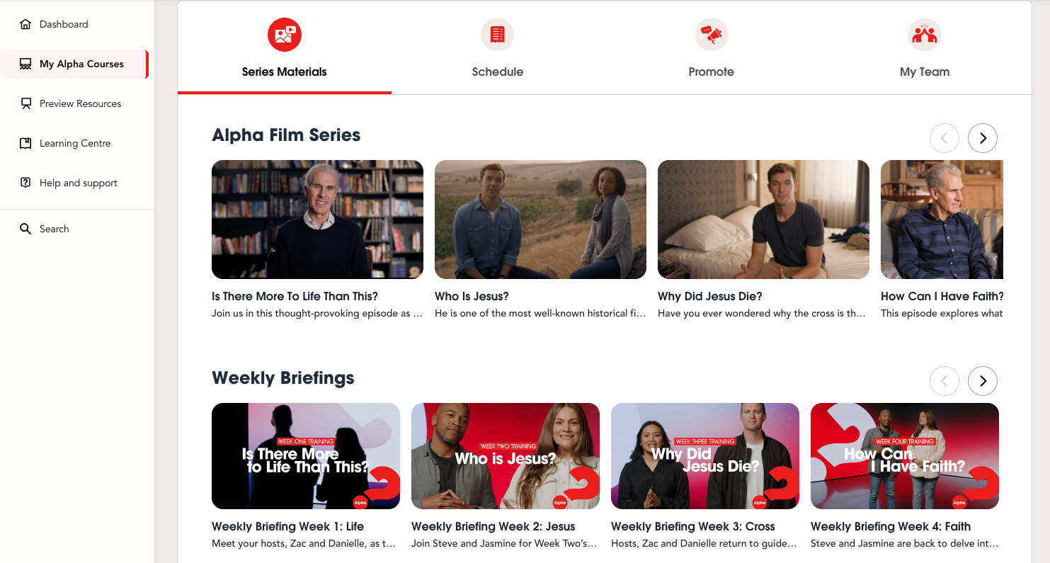 Screenshot of an online course platform showing a series of videos about Christian faith topics, including alpha film series and weekly briefings.
