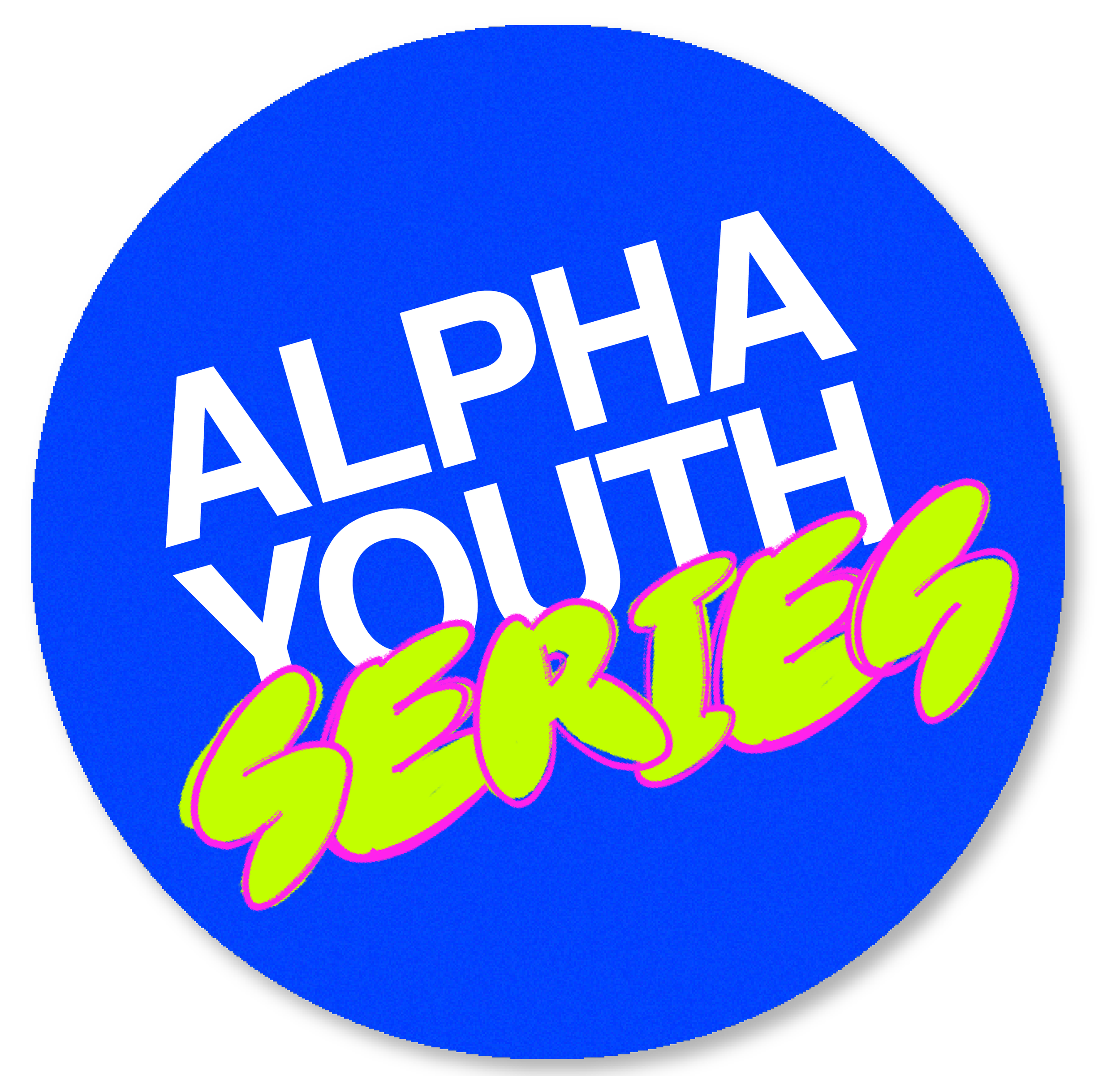 Blue circular badge with white text saying 'ALPHA YOUTH' and neon green text outlined in pink saying 'SERIES'.