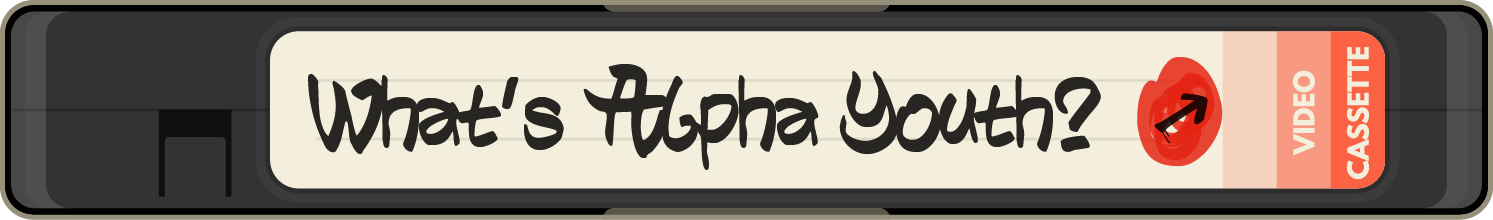 Close-up of a voice recorder displaying the handwritten text 'What's Alpha Youth?' on its screen, with buttons labeled 'video' and 'cassette' on the right side.